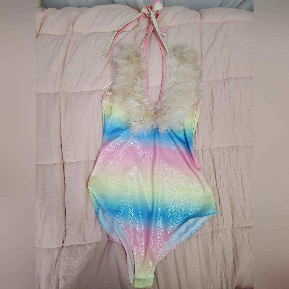Pastel Rainbow Metallic Bodysuit with Furry Halter Neckline Size Large
